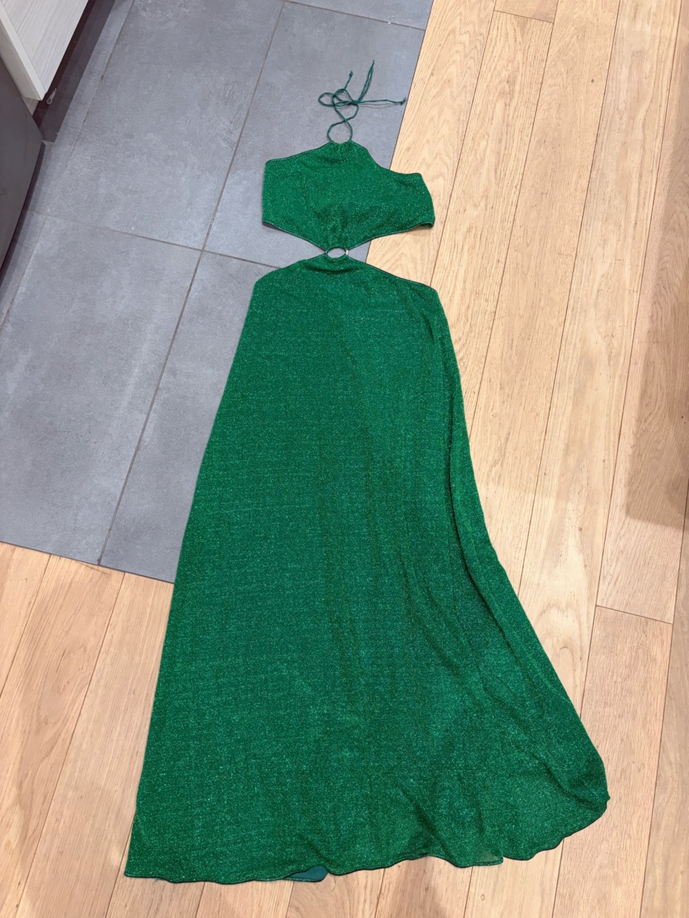 Oseree Green Lumiere Metallic O Gem Cutout Halter Maxi Dress